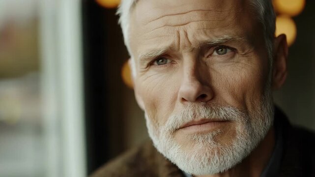 Pensive senior businessman with a gray beard looking out a window with a serious and worried expression, reflecting on problems while feeling lonely and concerned