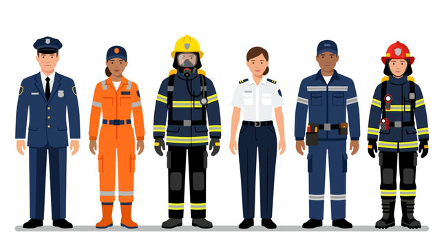 Diverse uniformed emergency responders in protective gear for safety and rescue operations, concept for public service and teamwork illustration