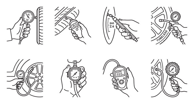 Car tire pressure gauge with inflation and deflation illustration.
