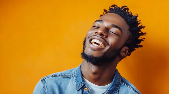 Happy young african american man with a big smile laughing and showing positive emotions and happiness. Cheerful black guy feeling joy on a vibrant yellow background