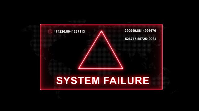 Critical system failure warning alert with glowing red digital interface and dynamic data streams for cybersecurity breach, network security threat, server error, and emergency technology notification