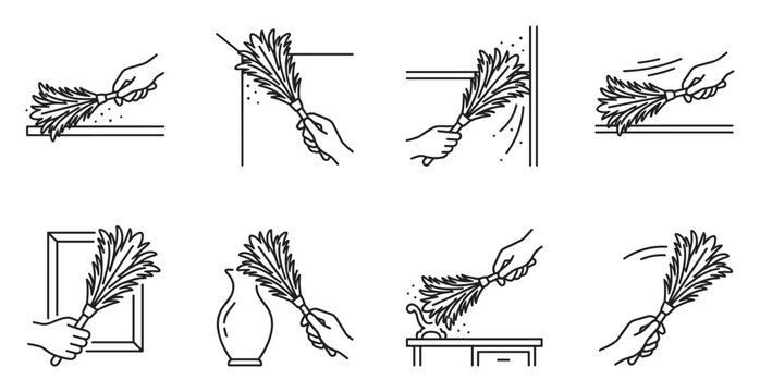 Duster cleaning icons isolated on white background household dust cleaning equipment collection.