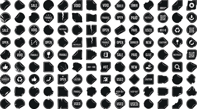 Large collection of black grunge sticker silhouettes distressed postal labels sale tags and retail sticker graphics isolated on white background vector elements.