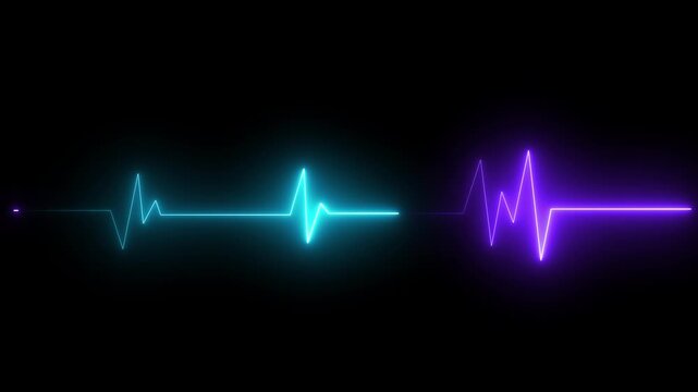 Glowing Heartbeat line icon animation. Electrocardiogram shows heart beat lines. Cardiogram, neon heart pulse animation. ECG Cardiogram Oscilloscope .on black background 4k video.