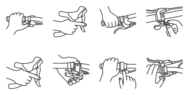 Hand operating bicycle brake levers and shifters showing control and adjustment.