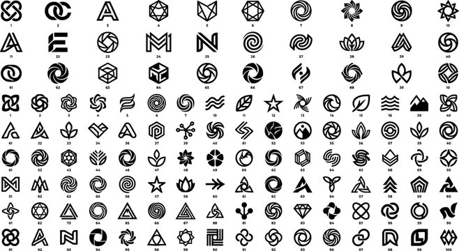 Large collection of minimalist geometric logo templates abstract brand identity icons and corporate business symbols isolated on white background vector design.