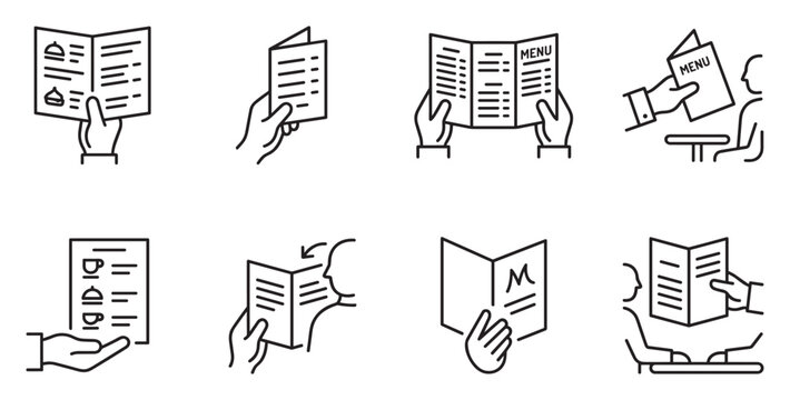 Hands holding menus in restaurants and cafes for dining and food service.
