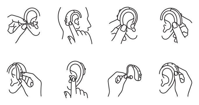 Instruction set for wearing hearing aids a step by step visual guide.