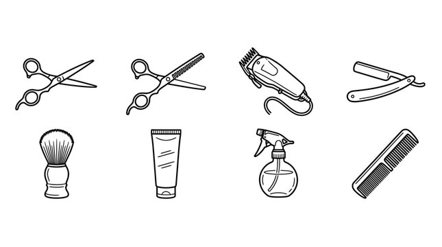 Line art grooming tools set including scissors comb hairdryer razor spray brush and more for hairstyling and barbering
