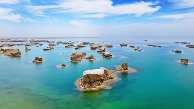 Aerial drone shot of water yardang landforms surrounded by turquoise water in the Qaidam Basin, Qinghai, China