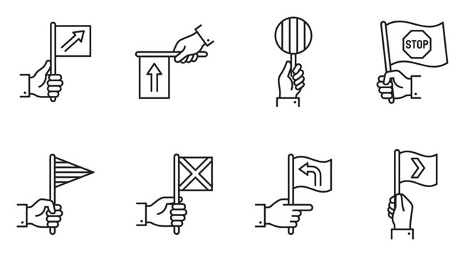 Icon set of hands holding different signal flags and traffic control signs for guidance.