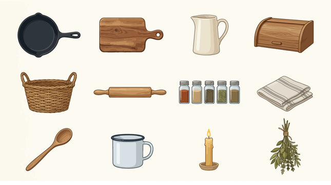 Kitchenware and cooking utensils set with cast iron skillet chopping board pitcher breadbox basket rolling pin spices towel wooden spoon candle herbs