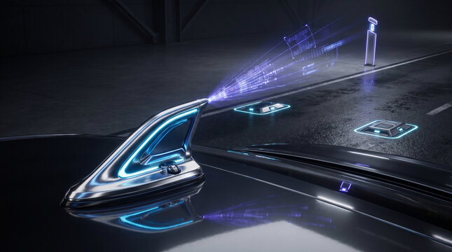 Futuristic V2X 6G telematics antenna pod with glowing holographic data transmission