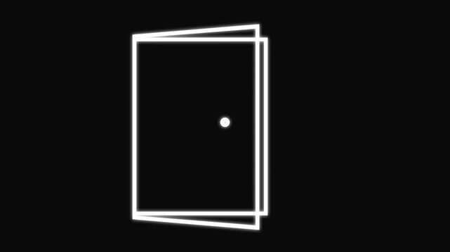 Abstract open door to universe. Lines appear. Hologram led laser door. Flight forward, entering inside the doorway .on black background.