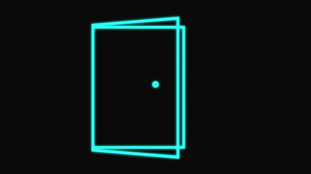 Abstract open door to universe. Lines appear. Hologram led laser door. Flight forward, entering inside the doorway .on black background.