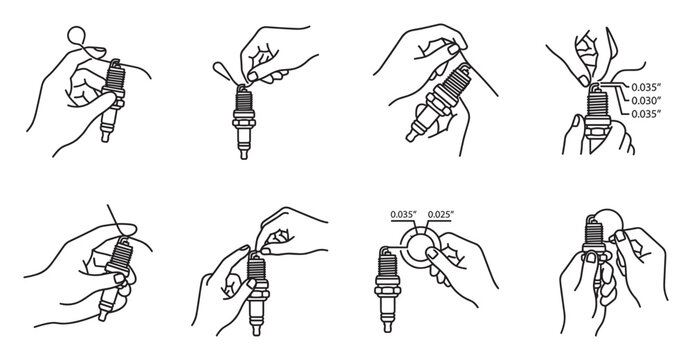 Spark plug electrode gap setting procedures using wire and gauge detailed illustrations.