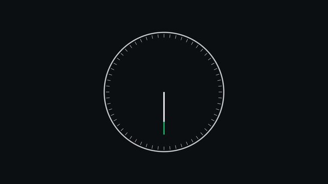 Minimalist analog clock face animation: time passing concept with rotating green second hand on dark 4k background
