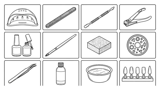 Manicure tools and accessories set with nail buffer, cuticle pusher, nail polish, and decorative stones for professional and home nail care