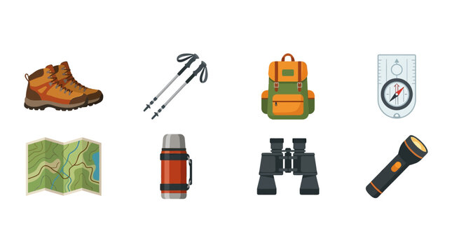 Outdoor Hiking Equipment Set with Boots, Trekking Poles, Backpack, Map, Thermos, Binoculars, Flashlight, and Compass for Adventure and Nature Exploration