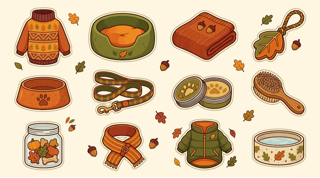 Autumn-themed pet accessories and cozy clothing for cats and dogs, including sweaters, collars, treats, bowls, and toys for fall season comfort