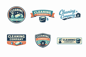 Obraz premium Collection of cleaning company logos and emblems featuring sponges, spray bottles, buckets, and houses for home service branding