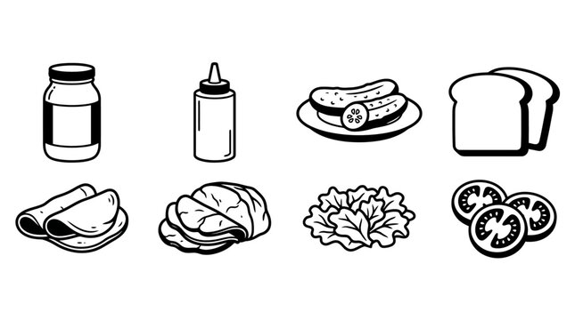 Minimalist black and white line art of condiments, vegetables, and food items for restaurant, cooking, and culinary design use, purely graphic illustration