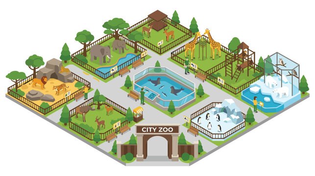 City zoo isometric map with various animal enclosures and visitor paths.