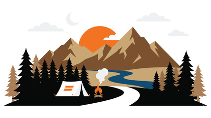 Mountain camping scene with tent campfire river and moonlit night sky. © MdJubayer