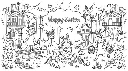 Obraz premium Happy Easter coloring page forest scene with kids bunnies and deer.