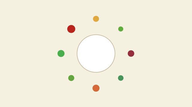 Minimalist loading spinner animation with rotating colorful dots on beige 4k background, progress waiting