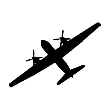 Silhouette of a Twin-Engine Propeller Airplane in Flight.