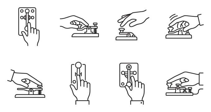 Collection of hand operating vintage telegraph key tapping signals and sending Morse code messages.