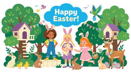 Fototapeta premium Happy easter lettering on blue cloud, three girls with bunny ears among cartoon forest animals.