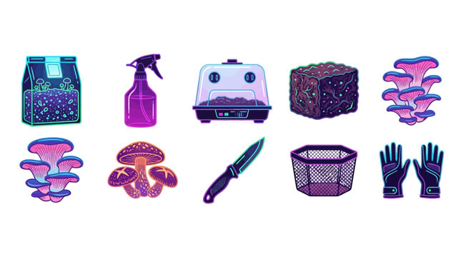 Colorful mushroom culture kits, cleaning spray, gardening tools, mushroom spores, mycology, cultivation, spores, garden, technology, spores, tools, gloves, harvest, biology, fungi, growth, health