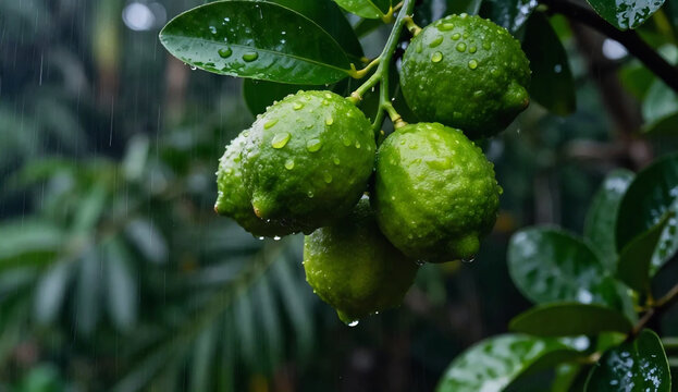 Ripe green citrus fruits covered in raindrops, fresh harvest and rainy weather concept
