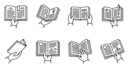 Fototapeta premium Hands hold open books with different pages and content illustrating reading knowledge and education.