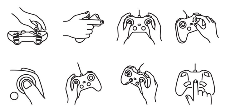 Hands holding and operating game controllers for playing video games on white background.
