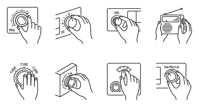 Hands tuning radio dials and adjusting frequencies for broadcast reception and communication.