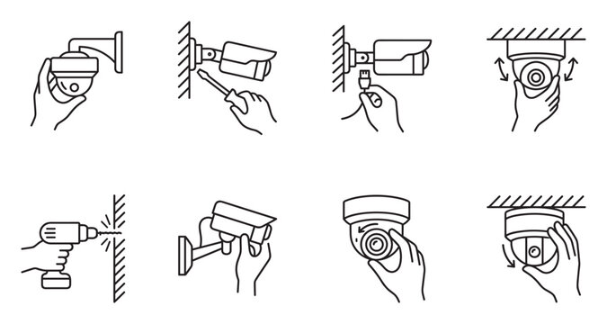 Icons demonstrating security camera installation and adjustment methods.