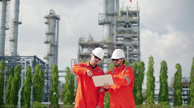 Petrochemical engineers reviewing data on a laptop at a refinery, discussing operations, industrial safety and energy infrastructure.