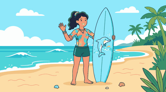 Flat graphic illustration of a person with dark wavy hair and tanned a