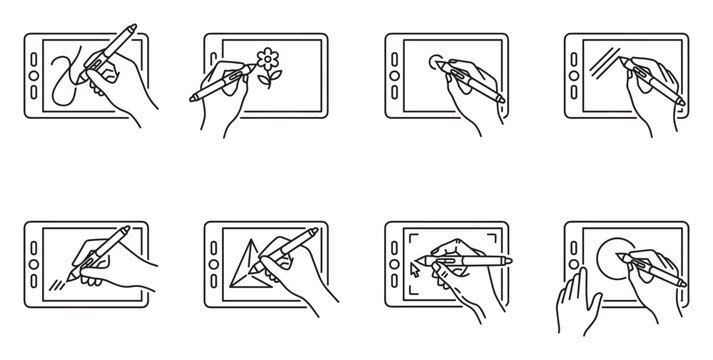 Set of icons digital drawing tablet stylus hand actions and gestures vector.