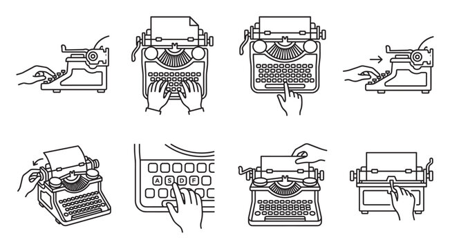Vintage typewriter keyboard and hands typing text for writing story or letter.