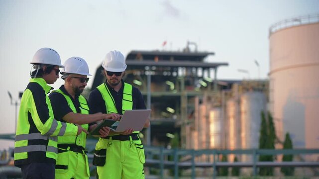 Petrochemical engineers reviewing data on a laptop at a refinery, discussing operations, industrial safety and energy infrastructure.