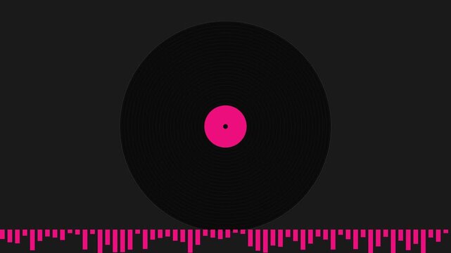 Vinyl record spinning with pink audio waveform equalizer animation 4k background, for music production, and dj visuals