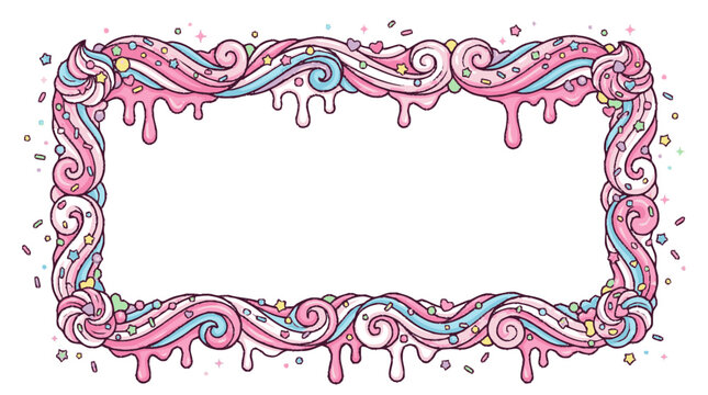 Playful cartoon open frame border featuring swirling pink and blue whi