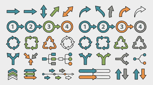 Set of hand-drawn colorful arrows and flowchart diagram elements inclu