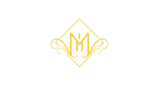 Golden letter M in diamond frame with floral accents.