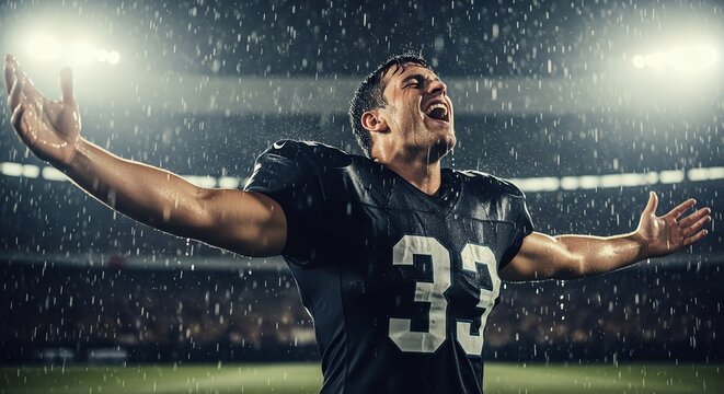 Triumphant Football Player Celebrates in Dramatic Rainstorm