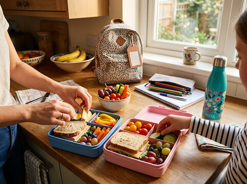 Mother and daughter preparing healthy packed school lunches in the kitchen together.